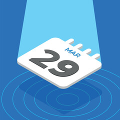 March 29 - 3D White calendar floating with spotlight on blue background