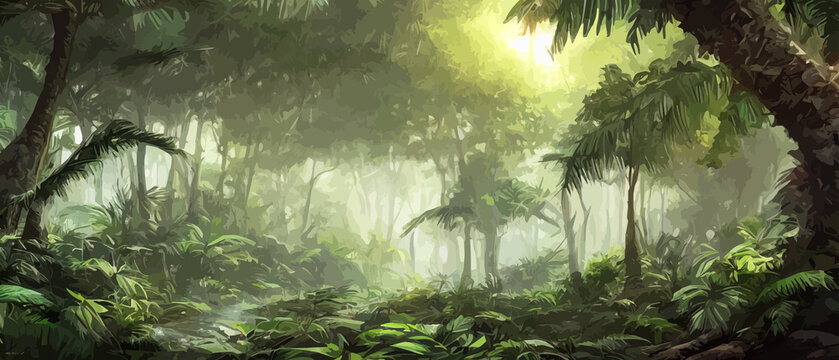 Tropical vintage botanical landscape illustration, palm tree, vegetable flower border background. Exotic green jungle © Павел Кишиков
