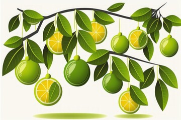 A garden lime tree is a great source of vitamin C. Citrus limes in green organic form are hanging from a tree. Generative AI