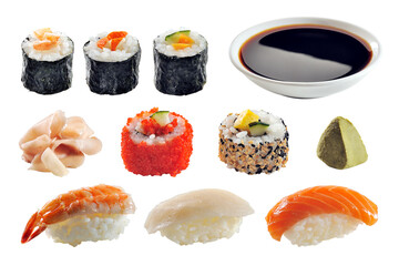 Various types of sushi on a white background
