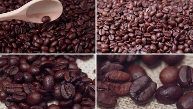 Collage of photos with roasted coffee beans. Background, selection of different coffee type