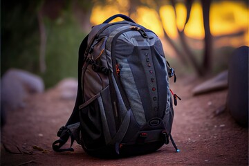 Travel backpack in the forest. Generative AI