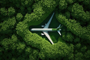 Plane in green forest, concept of Organic material and Renewable resources, created with Generative AI technology