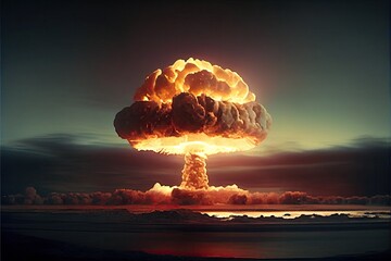 Nuclear bomb explosion mushroom cloud vintage photo. Atomic war concept art. Generative AI