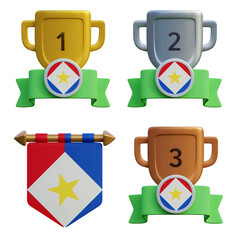 3d render, transparent game asset, pennant with national flag of Saba Island winner podium