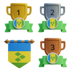 3d render, transparent game asset, pennant with national flag of St Vincent And The Grenadines winner podium