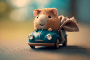 Happy guinea pig kid rides a toy car