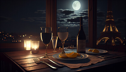 a romantic dinner in paris with the moon in the background generated by AI
