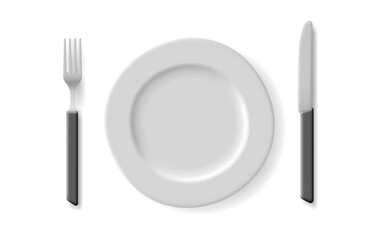 White plate, fork and knife, top view. For restaurants and cafes, table service. Empty plate with canteens for advertising mockup with filling of dishes.