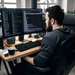 male programmer writing program code sitting at the workplace with three monitors in the office, businessman working on computer, programmer computer