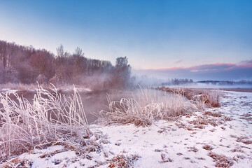 Dawn on winter riverbank. Frost on grass, cane. Snowy rural road. January fog. Forest river sunrise. Cold Weather landscape, reflection in water