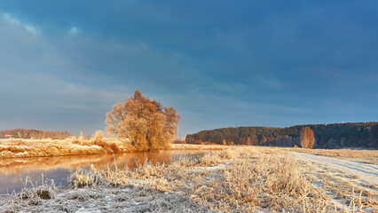 Dawn on winter riverbank. Frost on grass, cane. Snowy rural road. January forest river sunrise. Cold Weather landscape, reflection in water. - 569675599