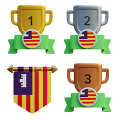 3d render, transparent game asset, pennant with national flag of Balearic Islands winner podium