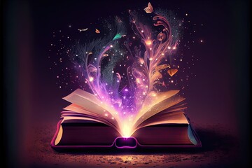 Magic spell book with fantasy lights coming out of it. Generative AI