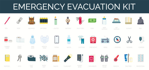 Set of 36 icons related to survival emergency kit for evacuation or disasters. Flat color icon collection pack. Vector illustration