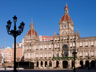 Obraz premium Maria Pita square and Municipal Palace, A Coruna, Galicia, Spain