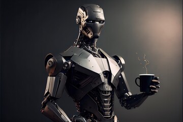 Cyborg robot with a cup of coffee on white background. Generative AI