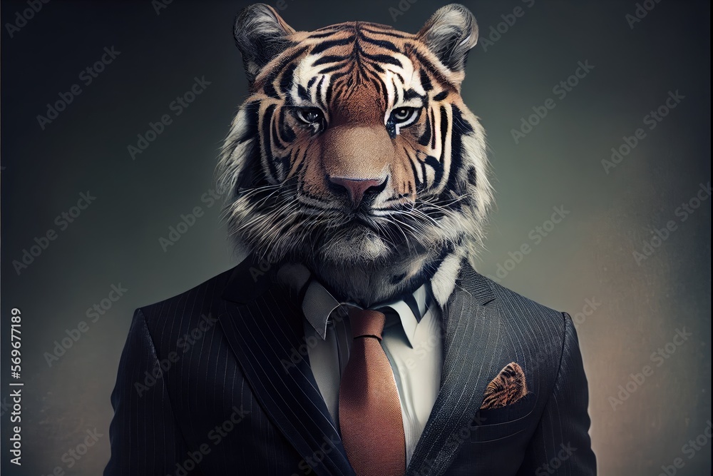 Canvas Prints portrait of a tiger in a business suit looking into the camera. generative ai
