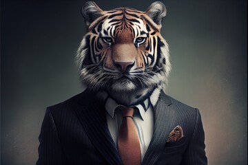 Portrait of a tiger in a business suit looking into the camera. Generative AI
