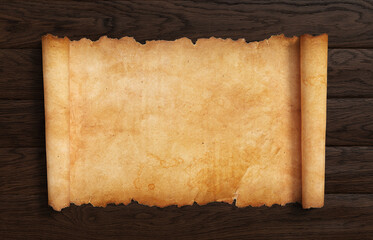 Empty ancient scroll or parchment manuscript on a wooden board.