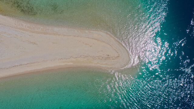 Aerial drone photo of paradise island complex of Lihadonisia forming beautiful beaches and a blue lagoon, North Evia island, Greece