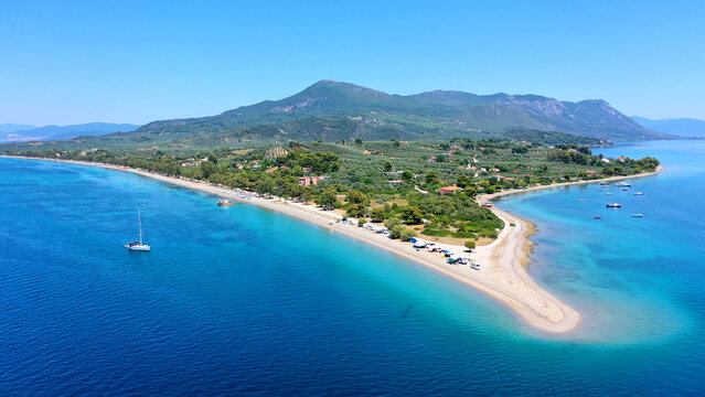 Aerial drone photo of sandy peninsula and area of Kavos in Northern Evia island, Greece