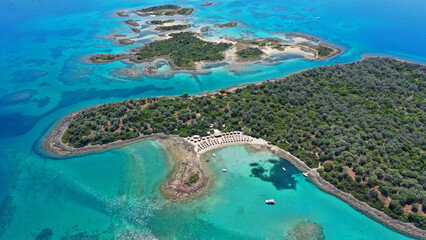 Aerial drone photo of Mediterranean paradise destination island complex with sandy organised beaches and turquoise clear sea