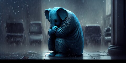 Blue Monday elephant concept, sad depressing day, elephant in a room, generative ai