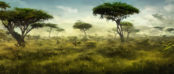 Print Wild savanna landscape. Savannah, African wild nature with acacia trees, grass, sand and water. Africa landscape