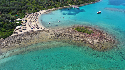 Aerial drone photo of paradise Mediterranean complex with crystal clear beaches and turquoise clear sea