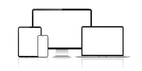 Device screen mockup. Smartphone, tablet, laptop and computer display with blank screen.
