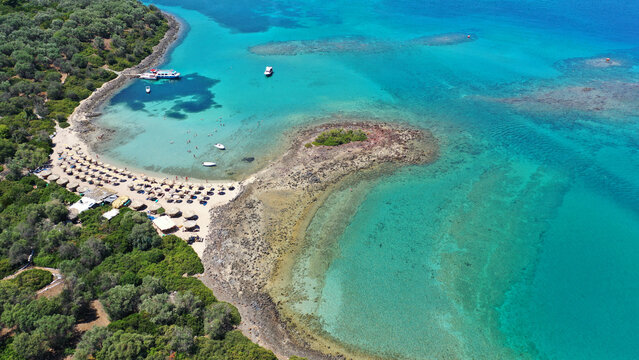 Aerial drone photo of paradise island complex of Lihadonisia forming beautiful beaches and a blue lagoon, North Evia island, Greece