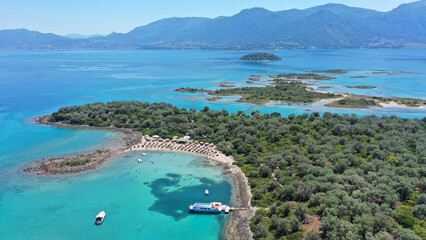 Aerial drone photo of Mediterranean paradise destination island complex with sandy organised...
