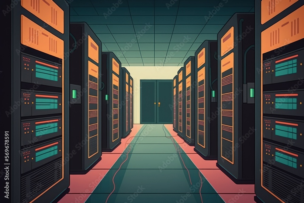 Poster in a datacenter, a row of server racks or networking equipment. conceptual data center. generative a