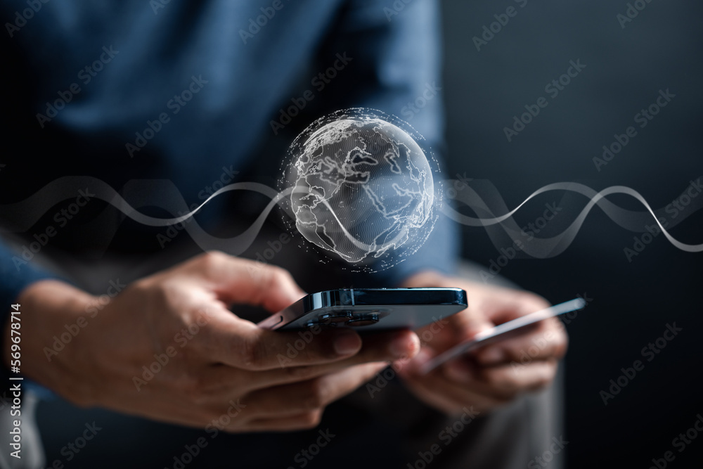 Aufkleber Fast internet connection of IOT internet of things. bandwidth network technology, Man using Internet high speed by smartphone 5G quality, speed optimization...