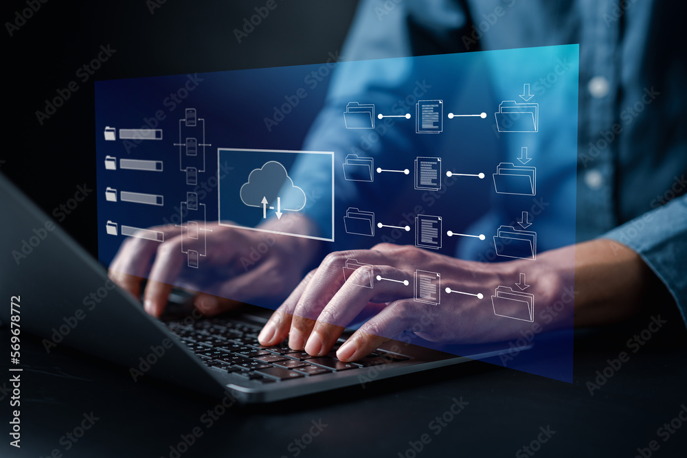 Aufkleber Document in Cloud computing Management System, online documentation database and process automation to efficiently manage files, documentation in enterprise. Corporate business technology, DMS