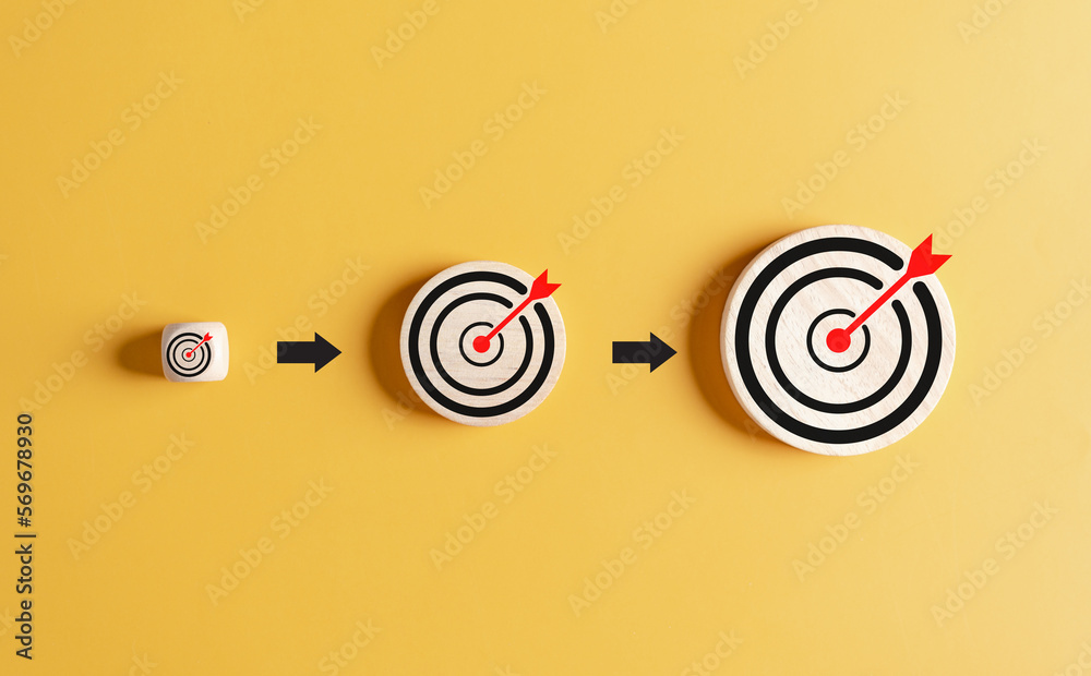 Poster Large target growth in business concept. Dartboard with arrow of Aiming target of business objective target to successful development, innovation, idea, creative...