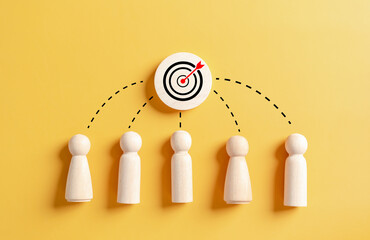 Business People corporate teamwork, partnership for business success, wooden human target business...