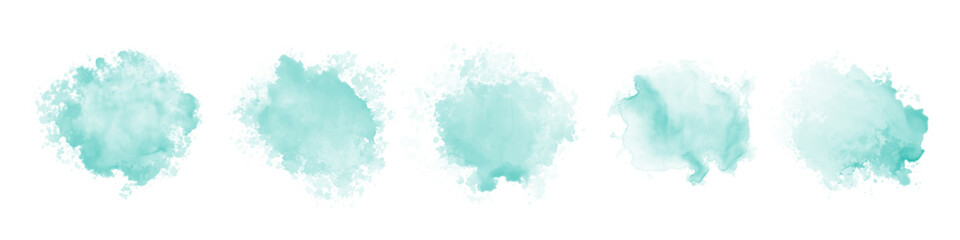 Naklejka na ściany i meble Set of abstract mint green watercolor water splash on a white background. Vector watercolour texture in mint color. Ink paint brush stain. Green splatter spot. Watercolor pastel splash