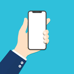 Human hand holding smartphone flat vector illustration