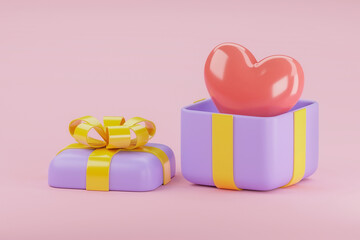 Gift box with big red heart isolated on pink background. Love and valentine theme. 3d render illustration