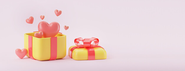 Gift box with hearts isolated on white background. Love and valentine theme. 3d render banner