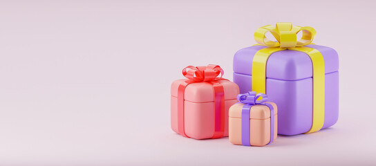 Gift boxes with ribbons isolated on white background. 3d render banner