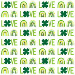 Seamless pattern of hand drawn Irish rainbows, love word and lucky shamrock. Design for St. Patrick's day celebration, party decoration, scrapbooking, home decor, textile, print, paper crafts.