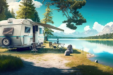 Experience the Beauty of Summer Camping : Lakeside Holidays Await!. Photo AI - obrazy, fototapety, plakaty