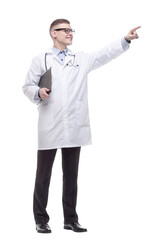 young doctor with a clipboard. isolated on a white