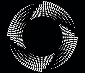 White halftone dots in vortex form. Geometric art. Trendy design element.Circular and radial lines volute, helix.Segmented circle with rotation.Radiating arc lines