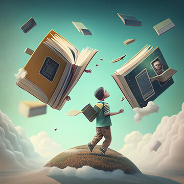 LIBROS FLOTANDO EN EL CIELO AZUL Y NUBES SOBRE UN JOVEN  PARA EN LA CIMA DEL MONTE,. CONCEPTO DE DIA INTERNACIONAL DEL LIBRO 