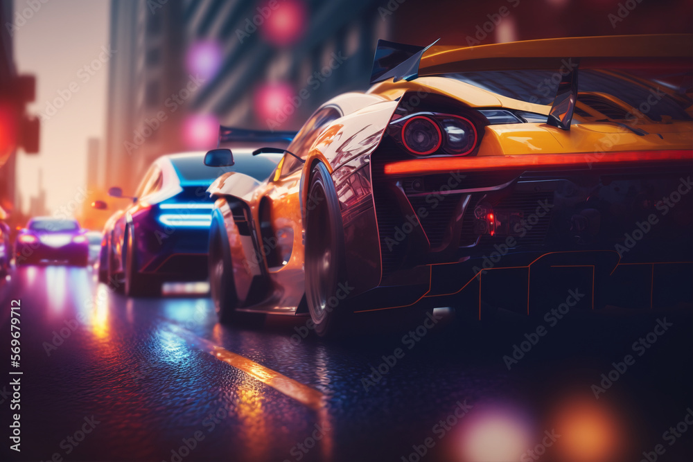 Wall mural exotic fast racing cars driving in the city with neon lights. generative ai