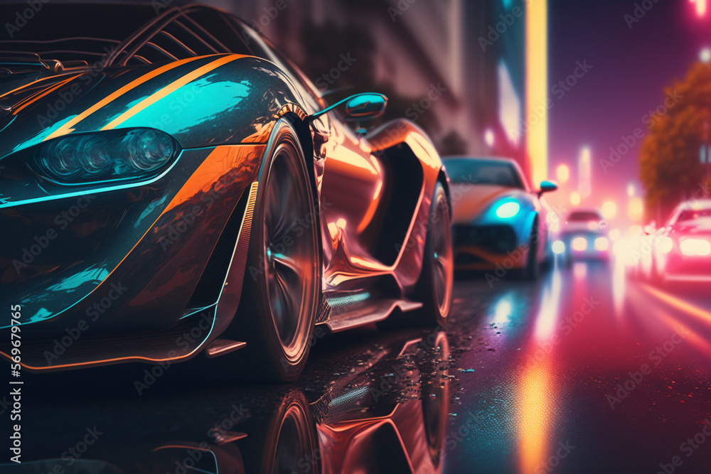 Wall mural Exotic fast racing cars driving in the city with neon lights. Generative AI